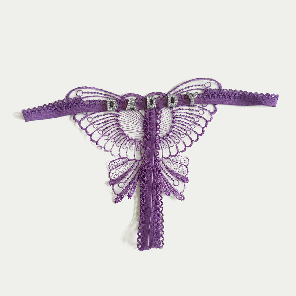 Custom Lace Hollow Butterfly Sexy Low Waist Pantie with jewelry Crystal Letter Name Open Cut Thong Women's Underwear Valentines Gift