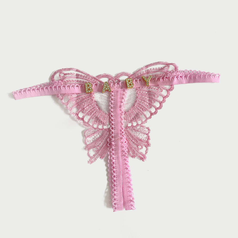 Custom Lace Hollow Butterfly Sexy Low Waist Pantie with jewelry Crystal Letter Name Open Cut Thong Women's Underwear Valentines Gift