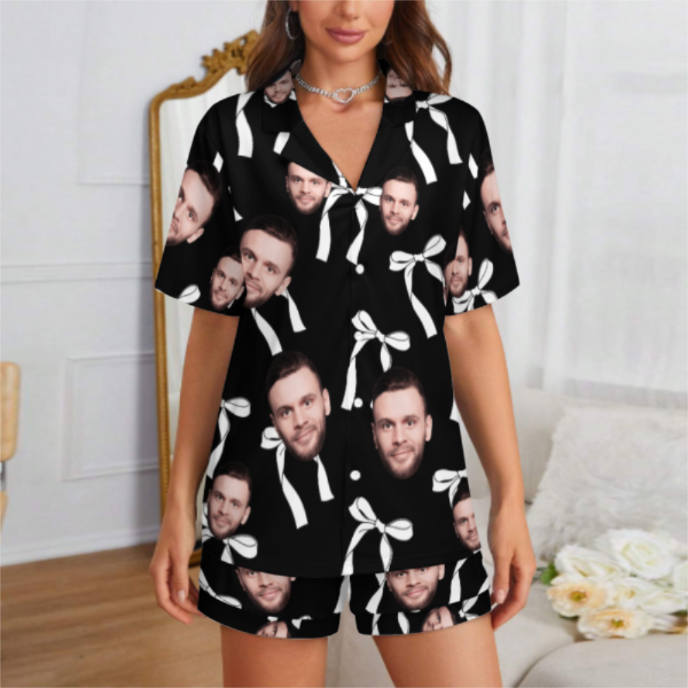 Custom 2 Faces Short Sleeve Pajama with Bowknot Pattern Prints Valentine's Day Gift for Her