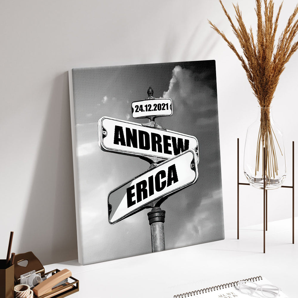 Personalized Name Canvas With Year Date Vintage Crossroad Street Sign Canvas Anniversary Gift For Couples