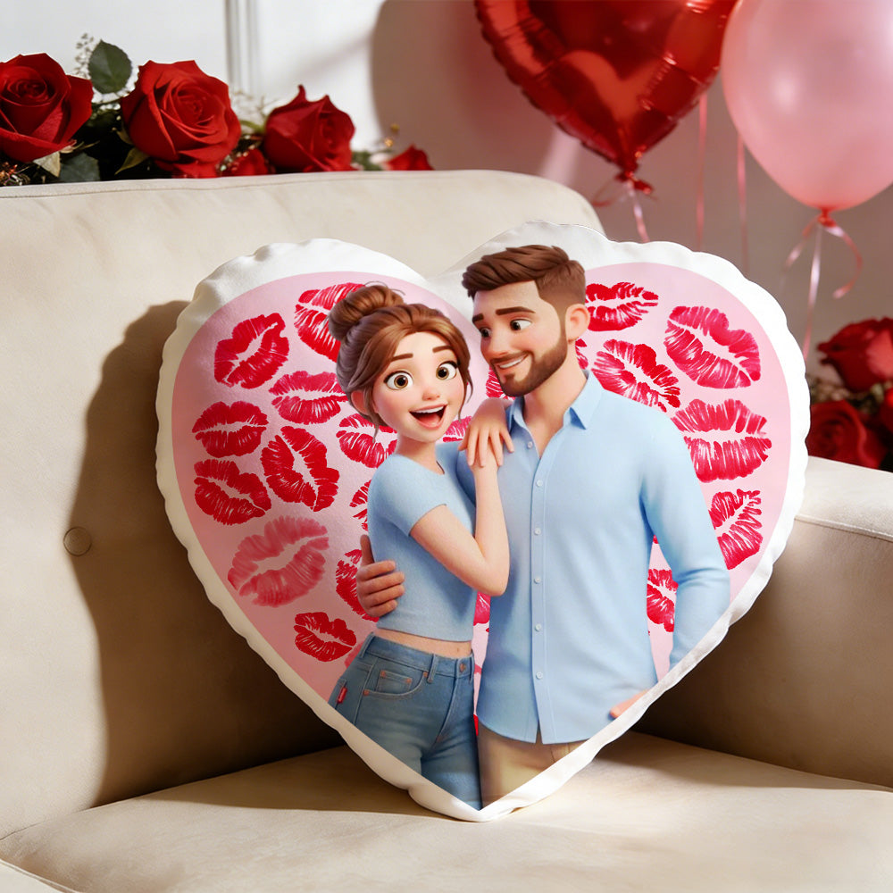 Custom Photo Heart-shaped Pillow with Red Lips Design Personalized Pillow Valentine’s Day Gifts for Couple