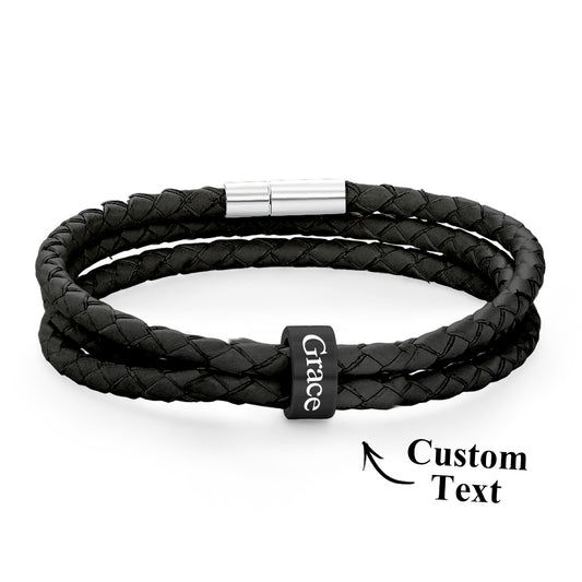 Men Braided Leather Bracelet with Small Custom Balck Beads