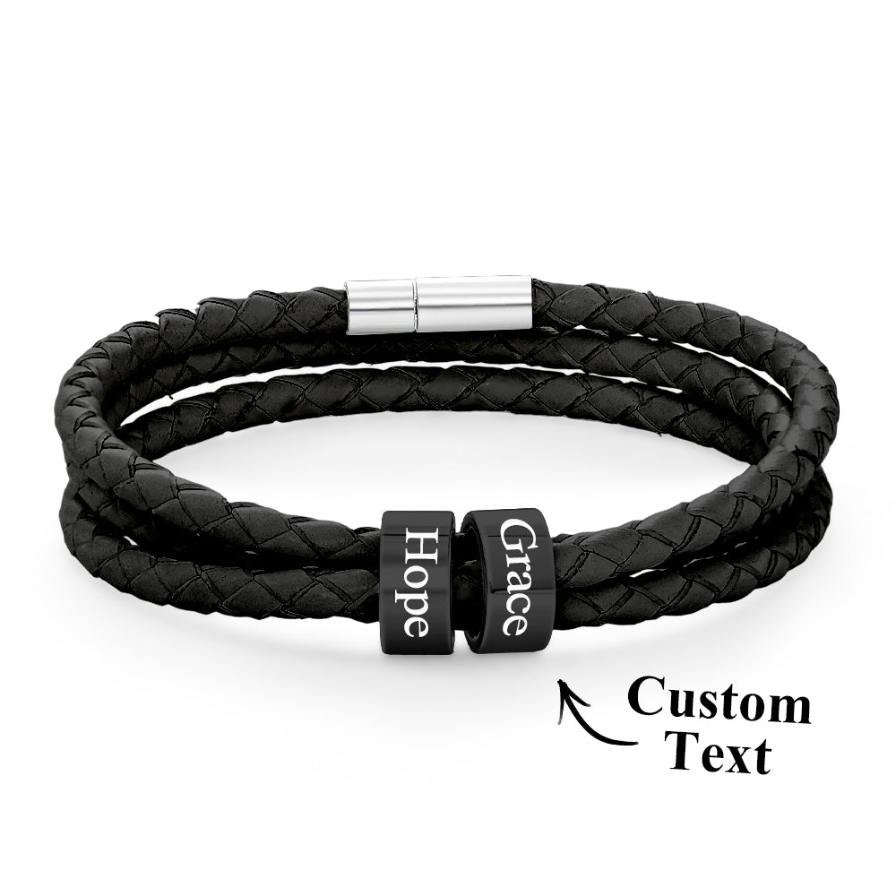 Men Braided Leather Bracelet with Small Custom Balck Beads