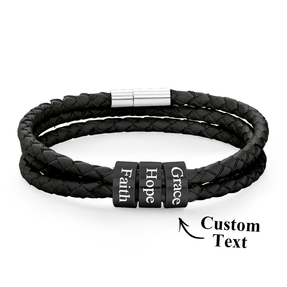 Men Braided Leather Bracelet with Small Custom Balck Beads