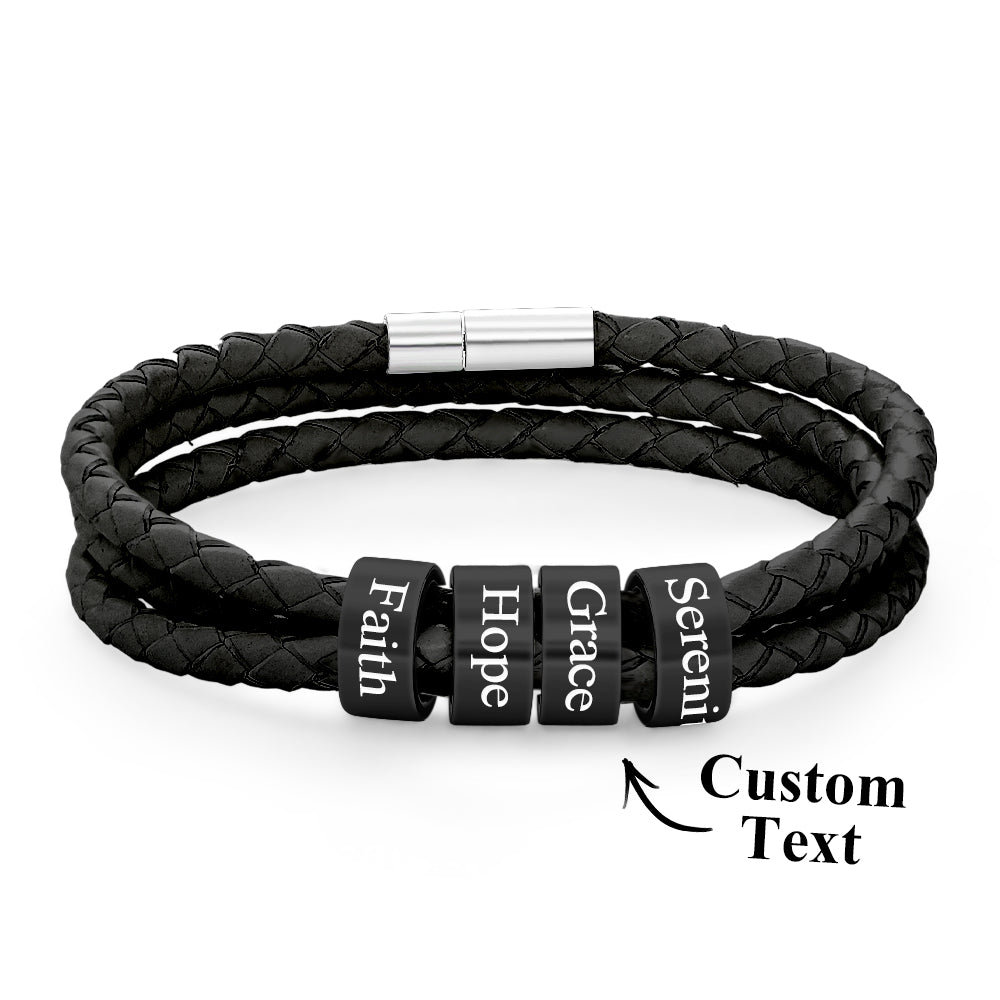 Men Braided Leather Bracelet with Small Custom Balck Beads
