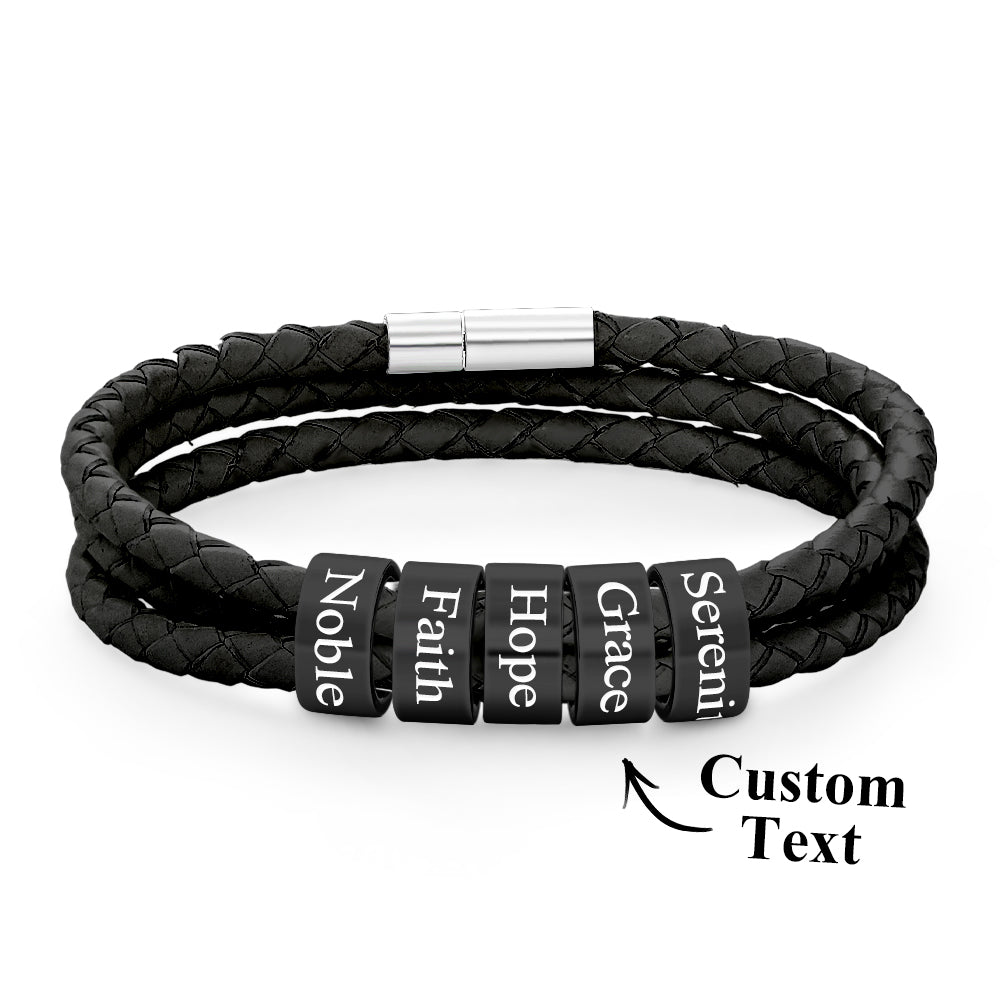 Men Braided Leather Bracelet with Small Custom Balck Beads