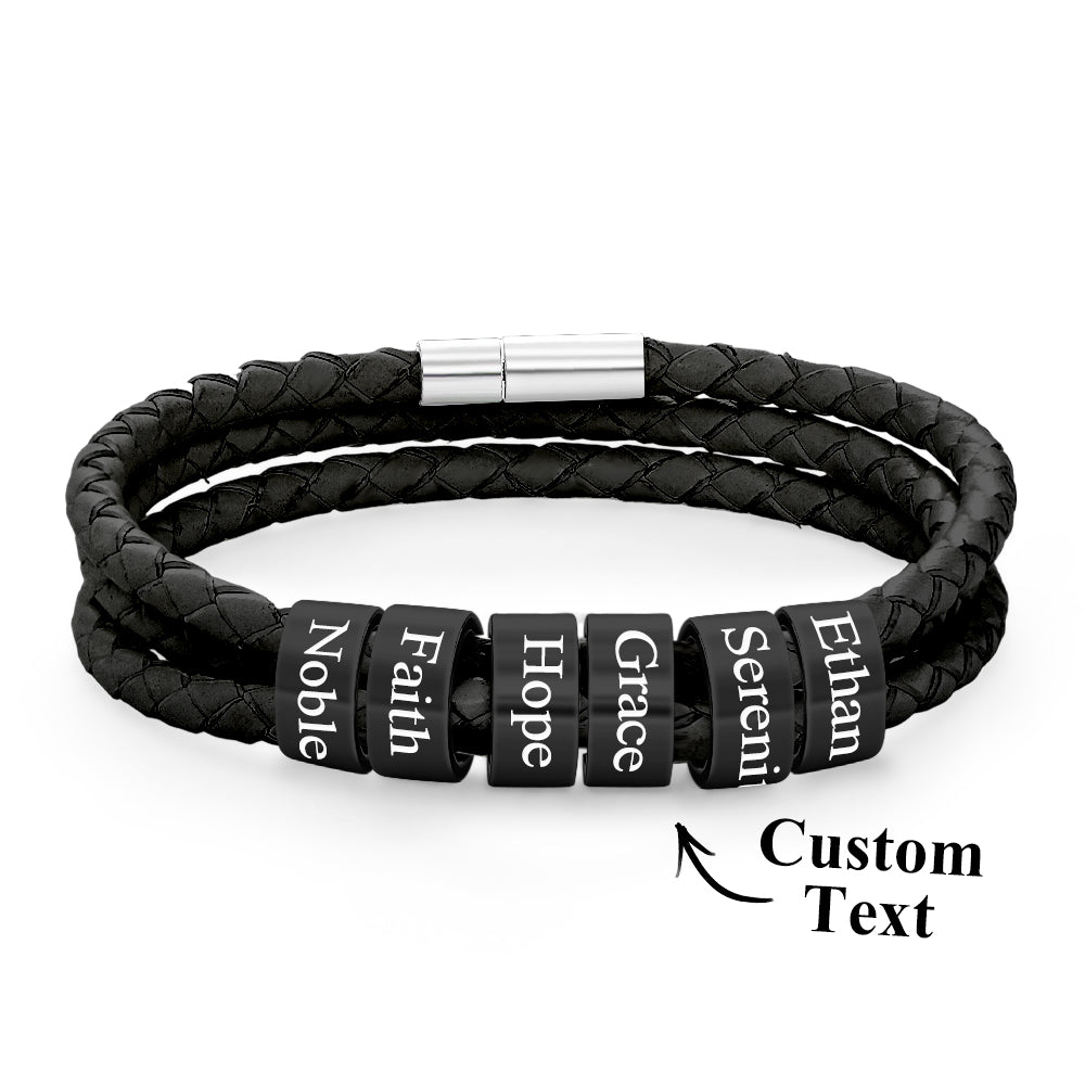 Men Braided Leather Bracelet with Small Custom Balck Beads