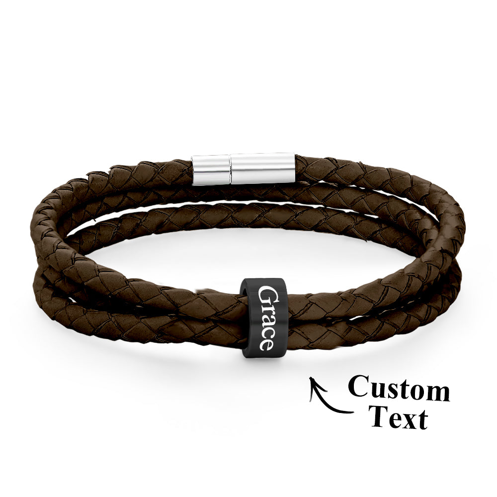 Men Braided Leather Bracelet with Small Custom Balck Beads