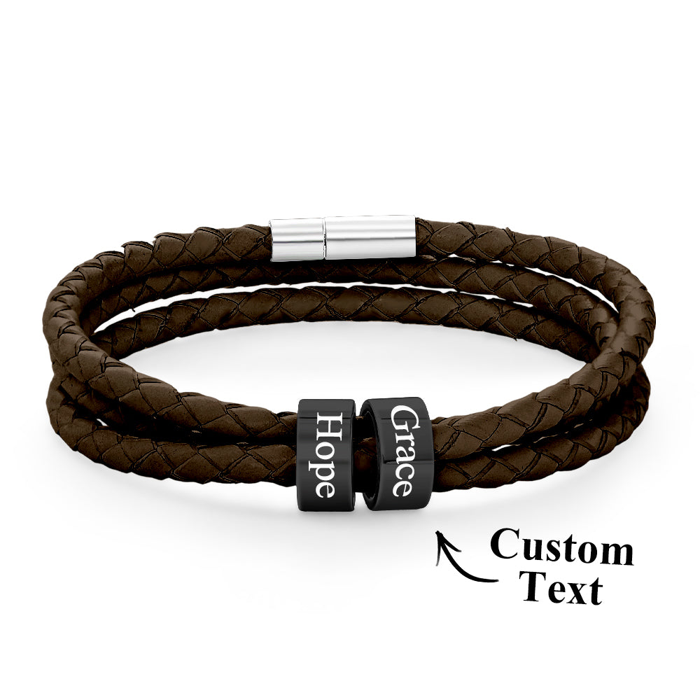 Men Braided Leather Bracelet with Small Custom Balck Beads