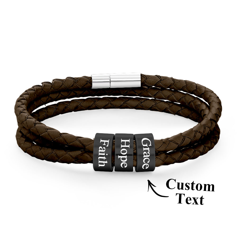 Men Braided Leather Bracelet with Small Custom Balck Beads