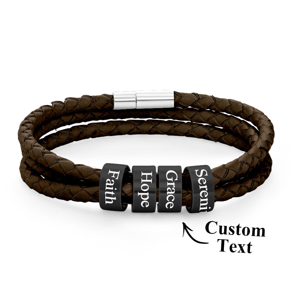 Men Braided Leather Bracelet with Small Custom Balck Beads