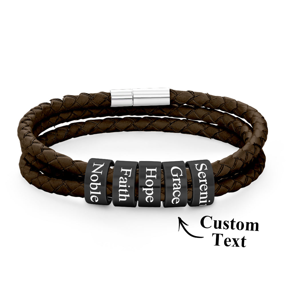 Men Braided Leather Bracelet with Small Custom Balck Beads