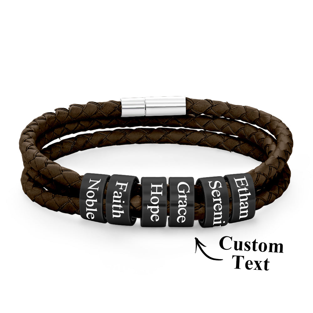 Men Braided Leather Bracelet with Small Custom Balck Beads