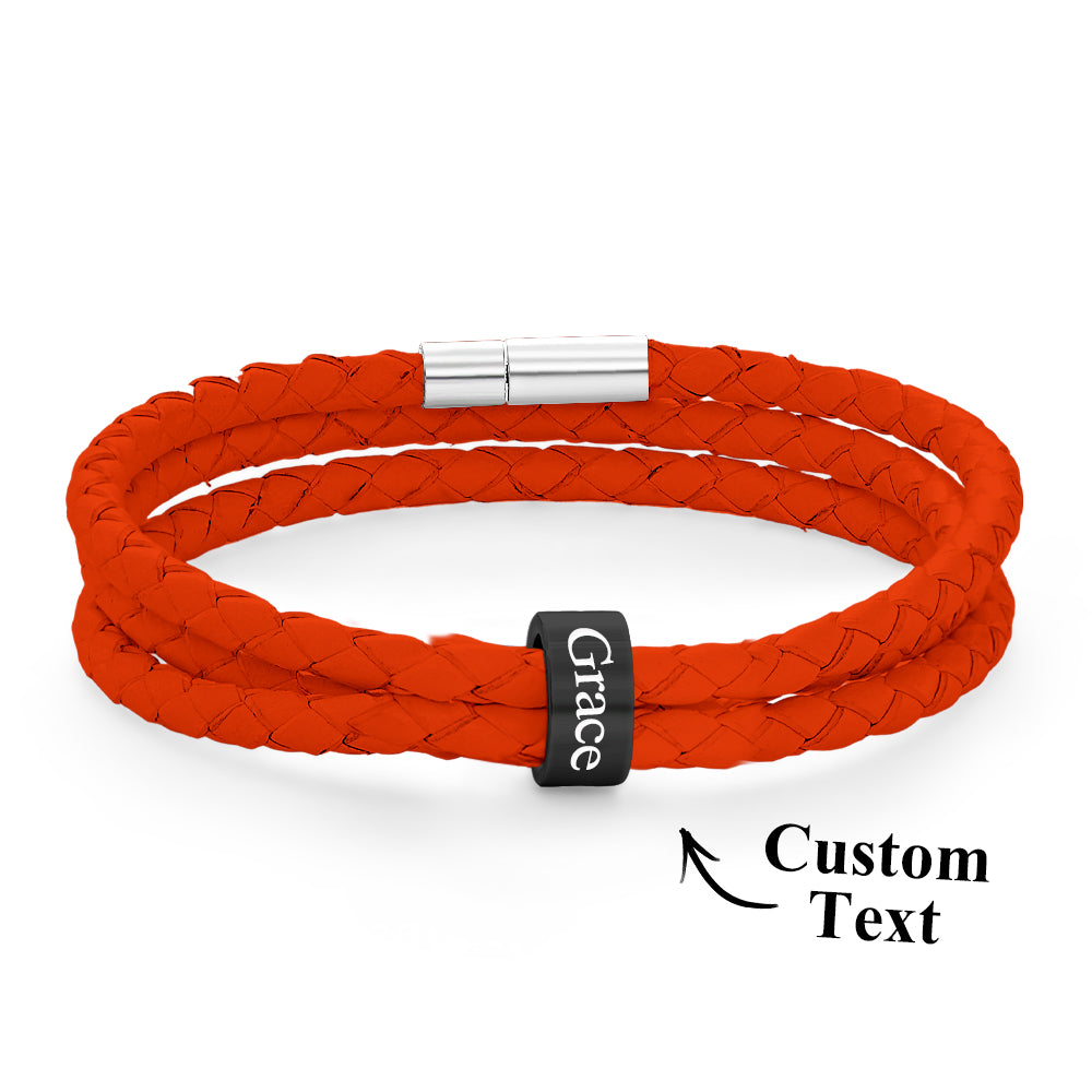 Men Braided Leather Bracelet with Small Custom Balck Beads