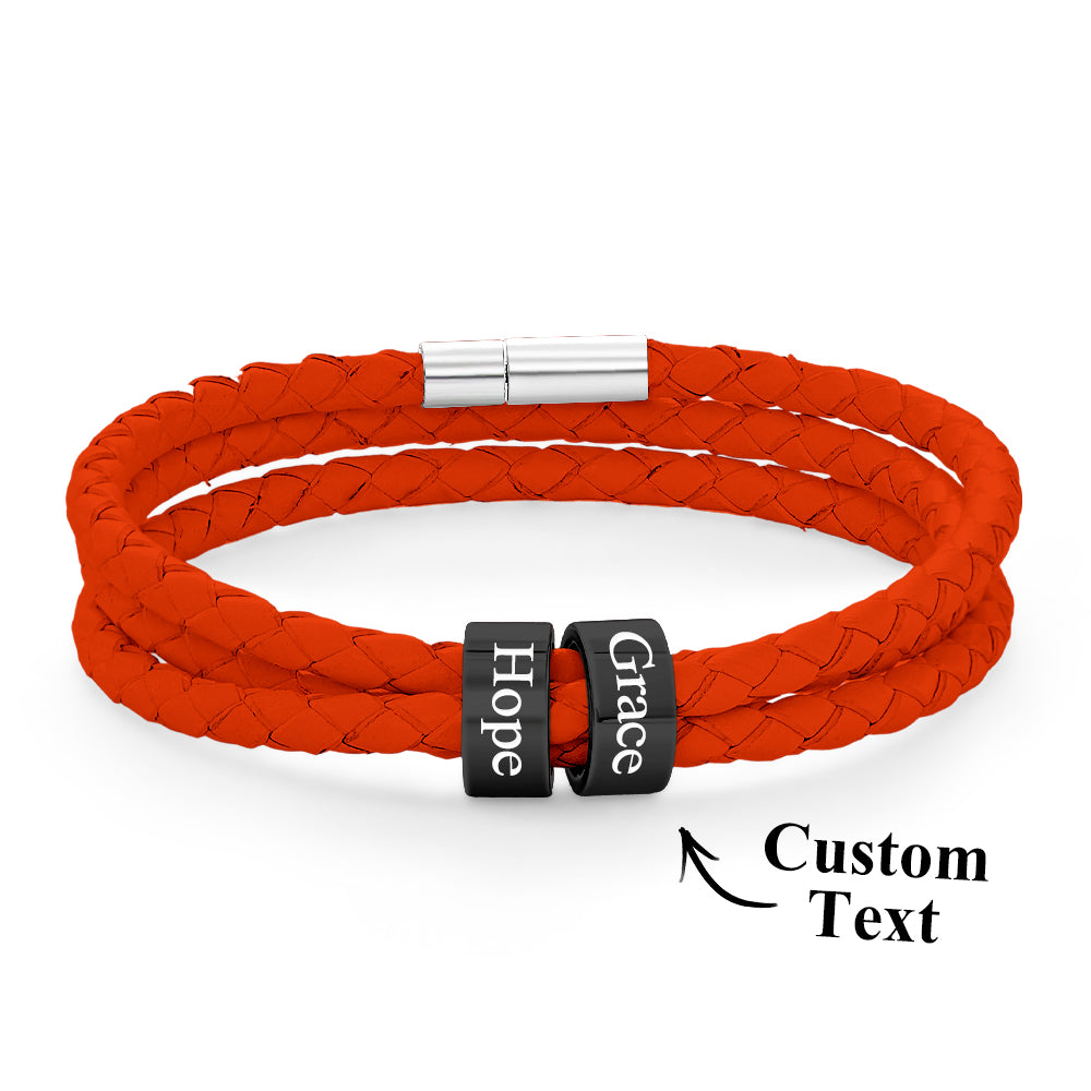 Men Braided Leather Bracelet with Small Custom Balck Beads
