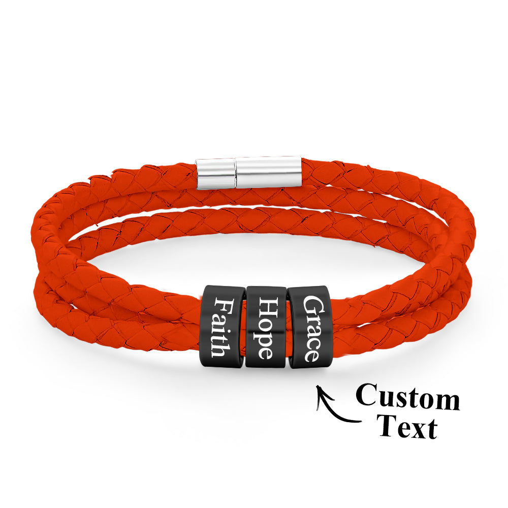 Men Braided Leather Bracelet with Small Custom Balck Beads