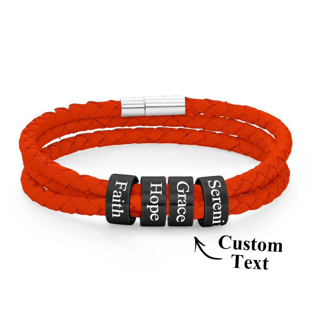Men Braided Leather Bracelet with Small Custom Balck Beads