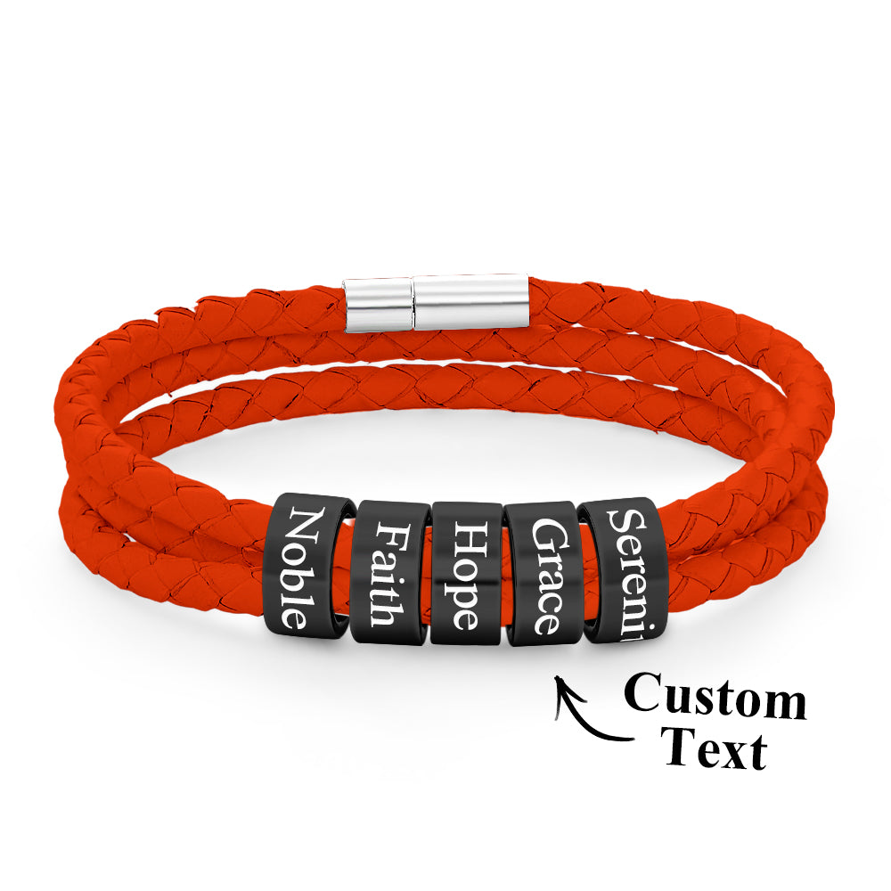 Men Braided Leather Bracelet with Small Custom Balck Beads