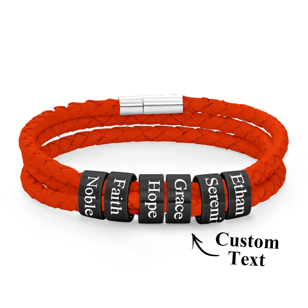 Men Braided Leather Bracelet with Small Custom Balck Beads