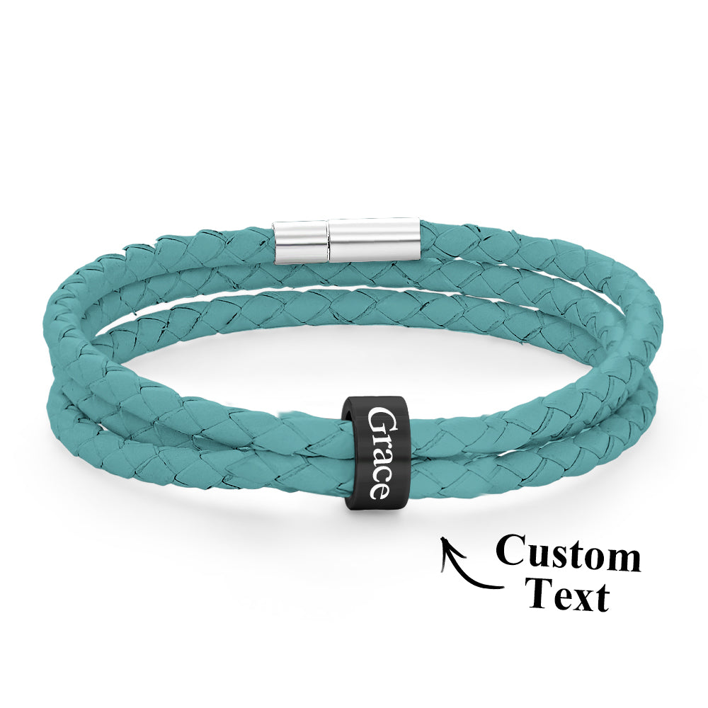 Men Braided Leather Bracelet with Small Custom Balck Beads