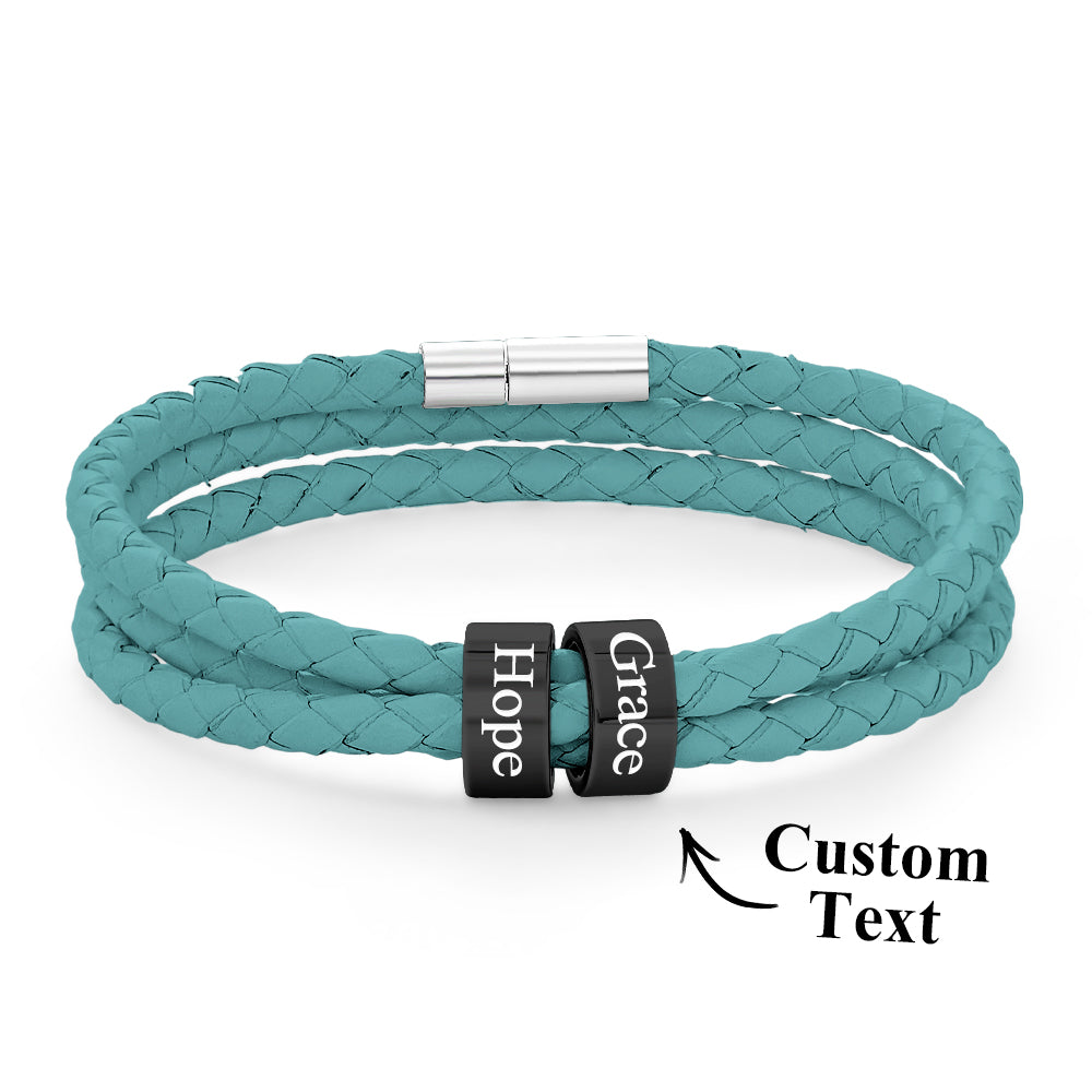 Men Braided Leather Bracelet with Small Custom Balck Beads