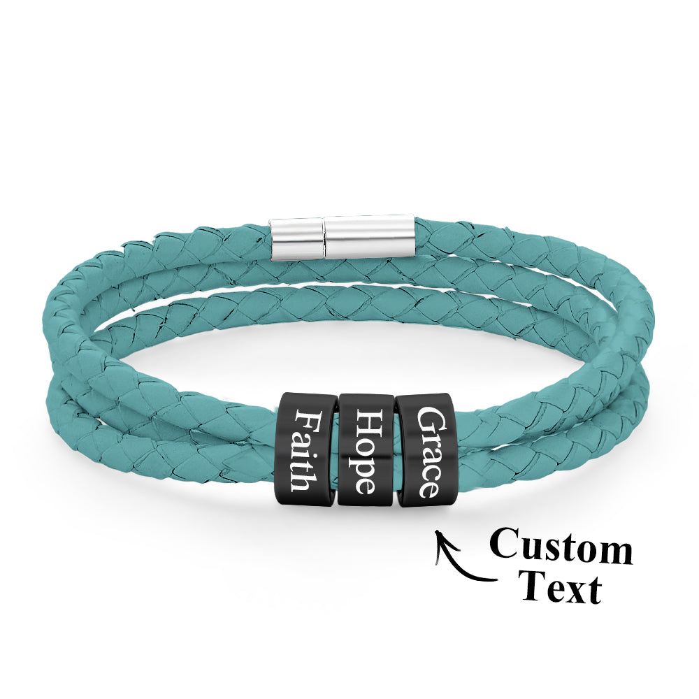 Men Braided Leather Bracelet with Small Custom Balck Beads