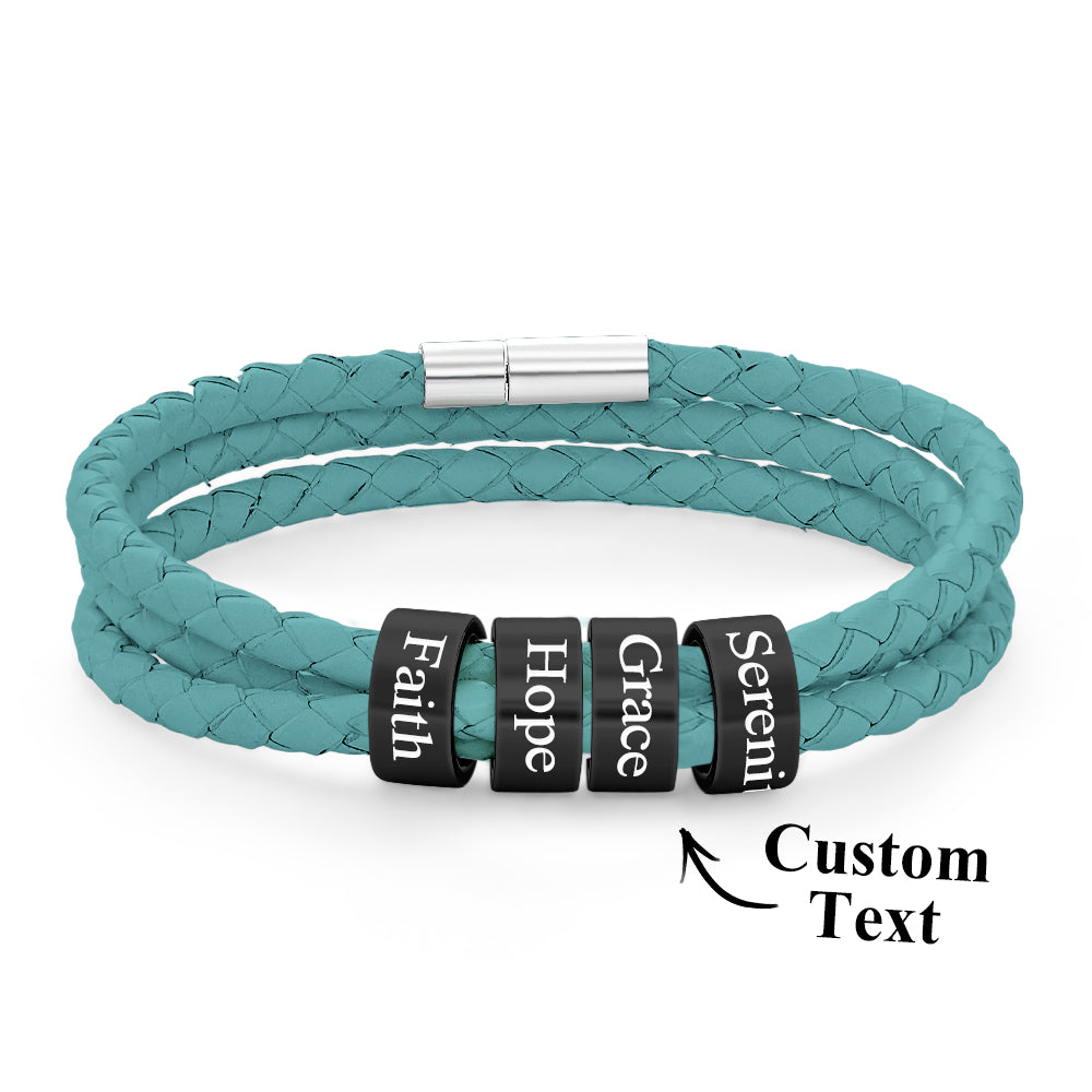 Men Braided Leather Bracelet with Small Custom Balck Beads