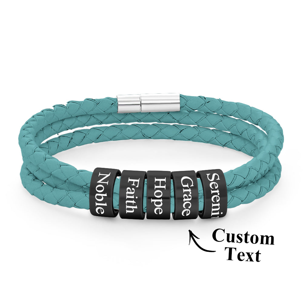 Men Braided Leather Bracelet with Small Custom Balck Beads