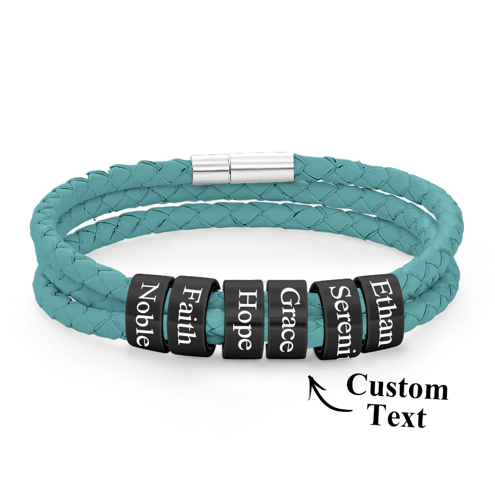 Men Braided Leather Bracelet with Small Custom Balck Beads