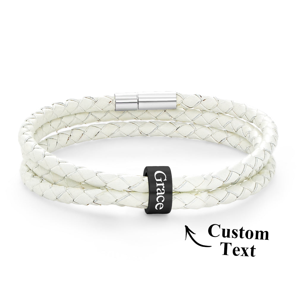 Men Braided Leather Bracelet with Small Custom Balck Beads