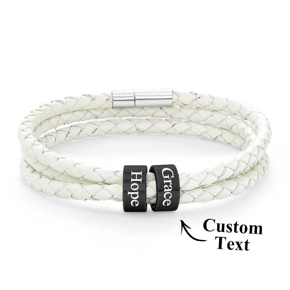 Men Braided Leather Bracelet with Small Custom Balck Beads