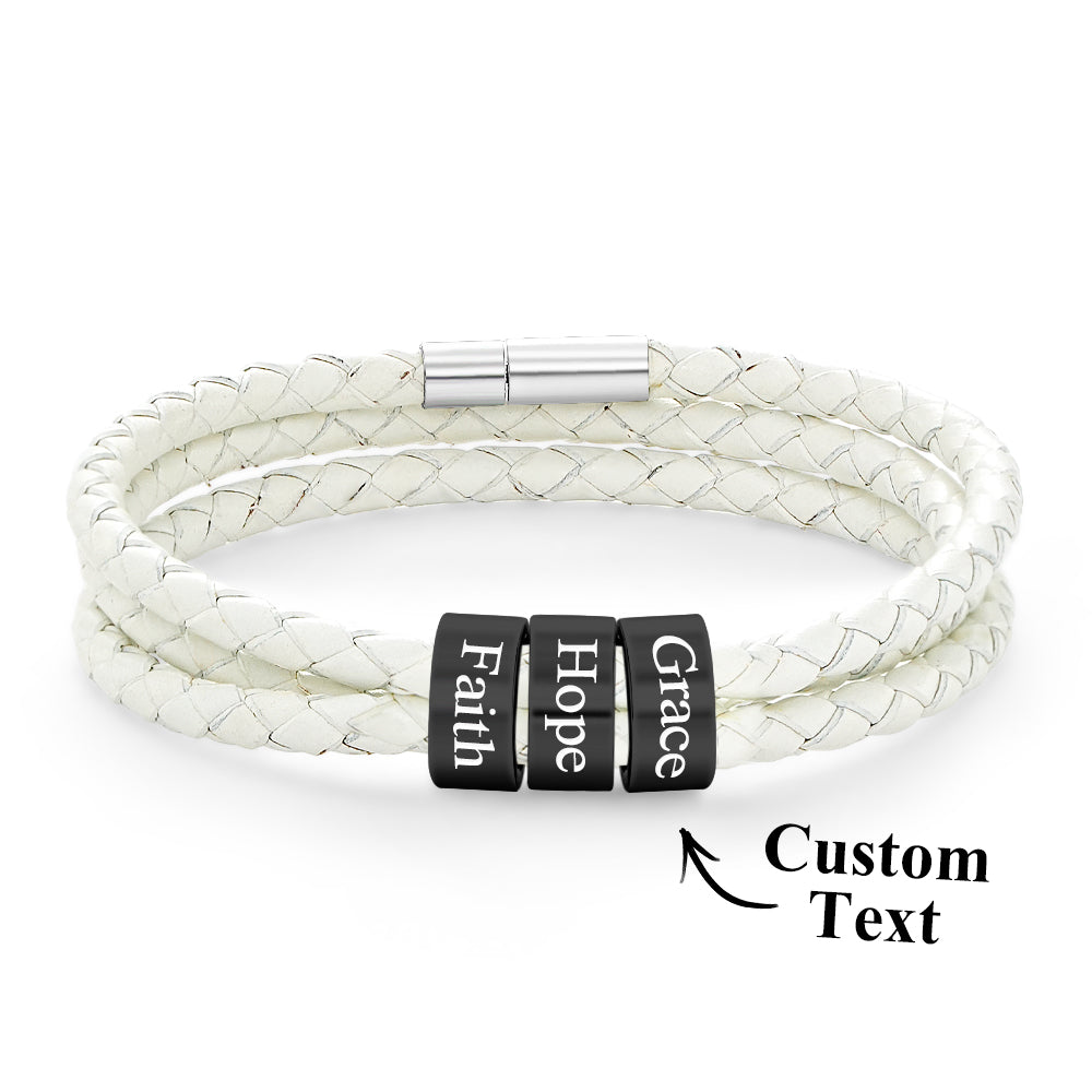 Men Braided Leather Bracelet with Small Custom Balck Beads