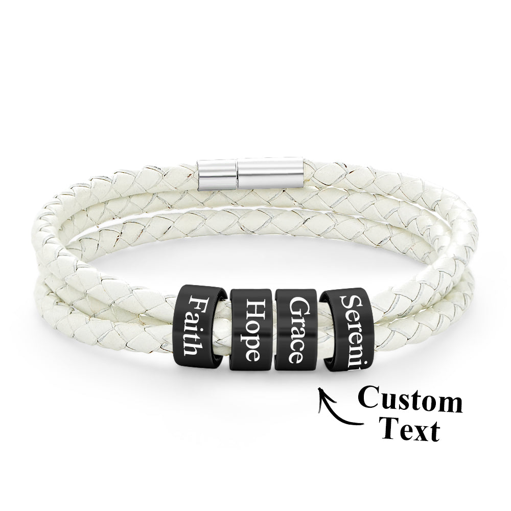 Men Braided Leather Bracelet with Small Custom Balck Beads