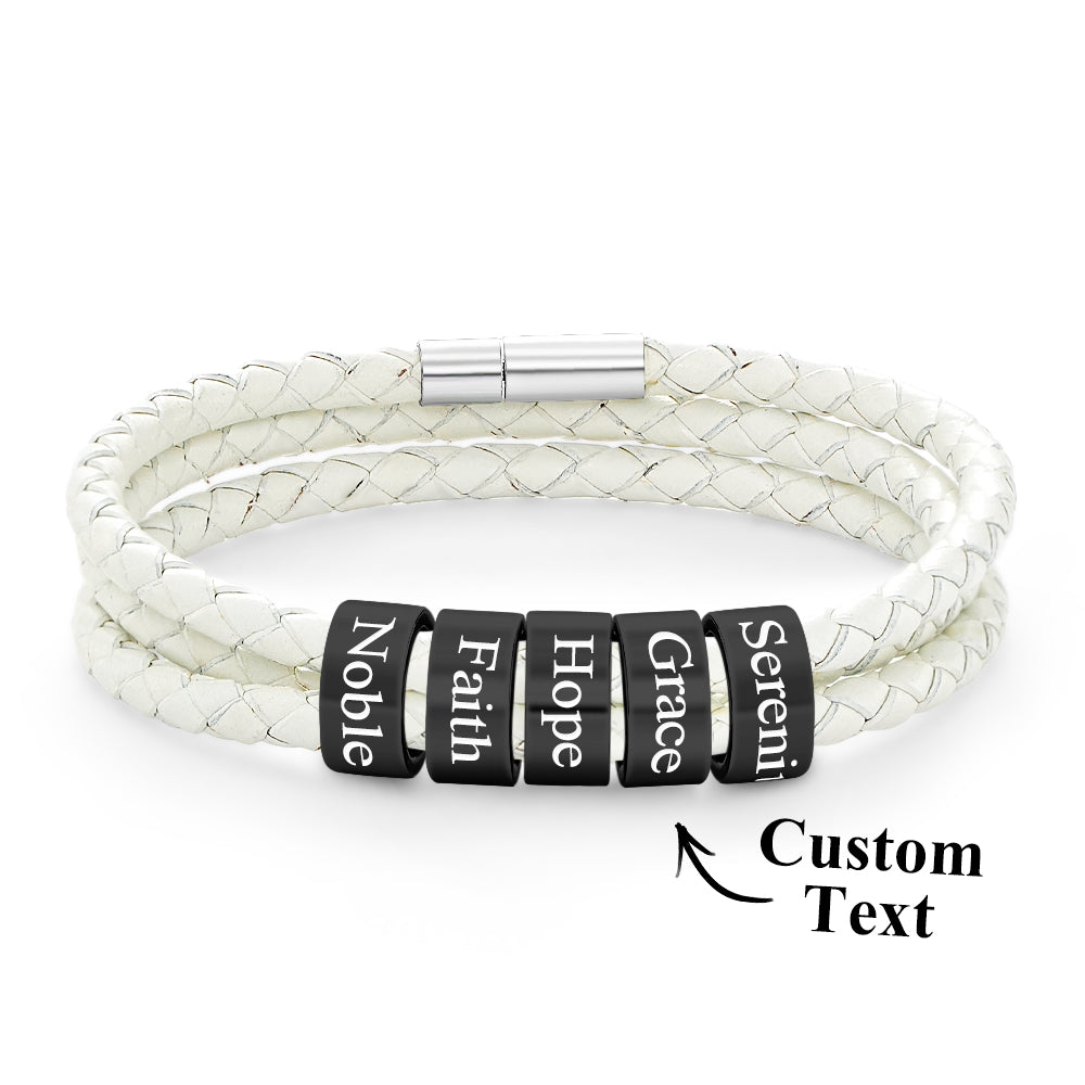 Men Braided Leather Bracelet with Small Custom Balck Beads