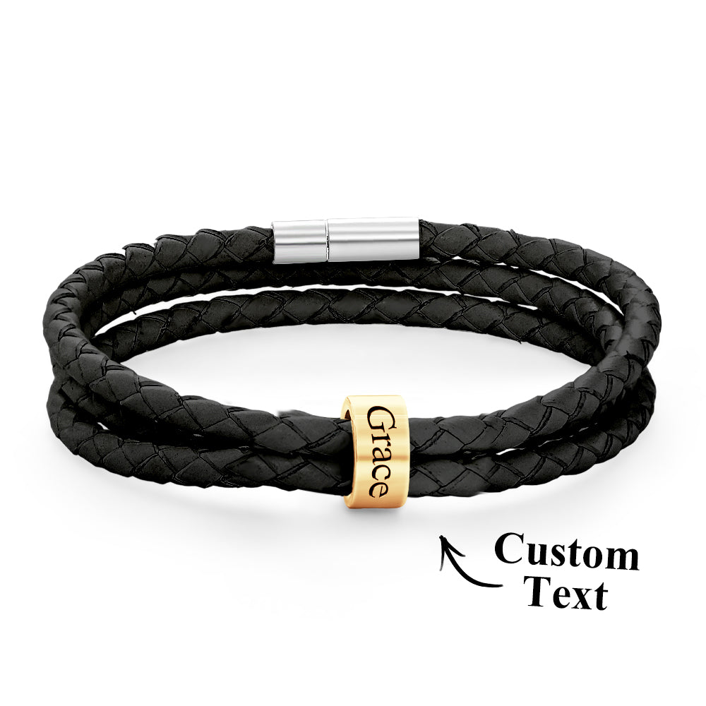 Men Braided Leather Bracelet with Small Custom Gold Beads