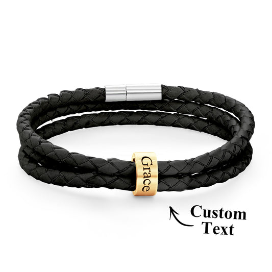 Men Braided Leather Bracelet with Small Custom Gold Beads