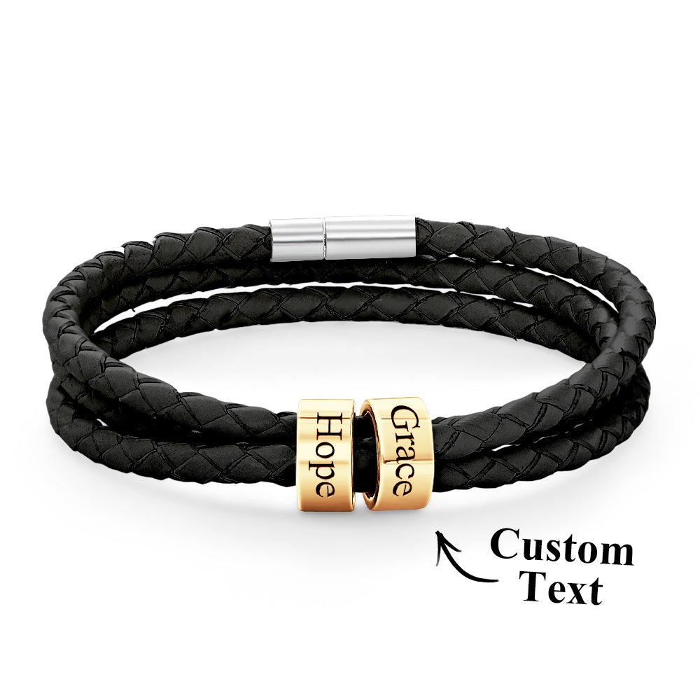 Men Braided Leather Bracelet with Small Custom Gold Beads