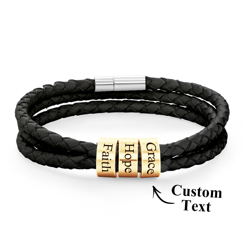 Men Braided Leather Bracelet with Small Custom Gold Beads