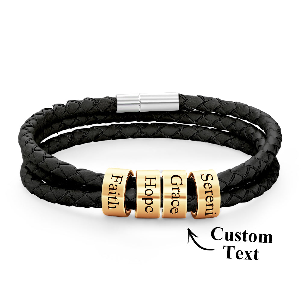 Men Braided Leather Bracelet with Small Custom Gold Beads