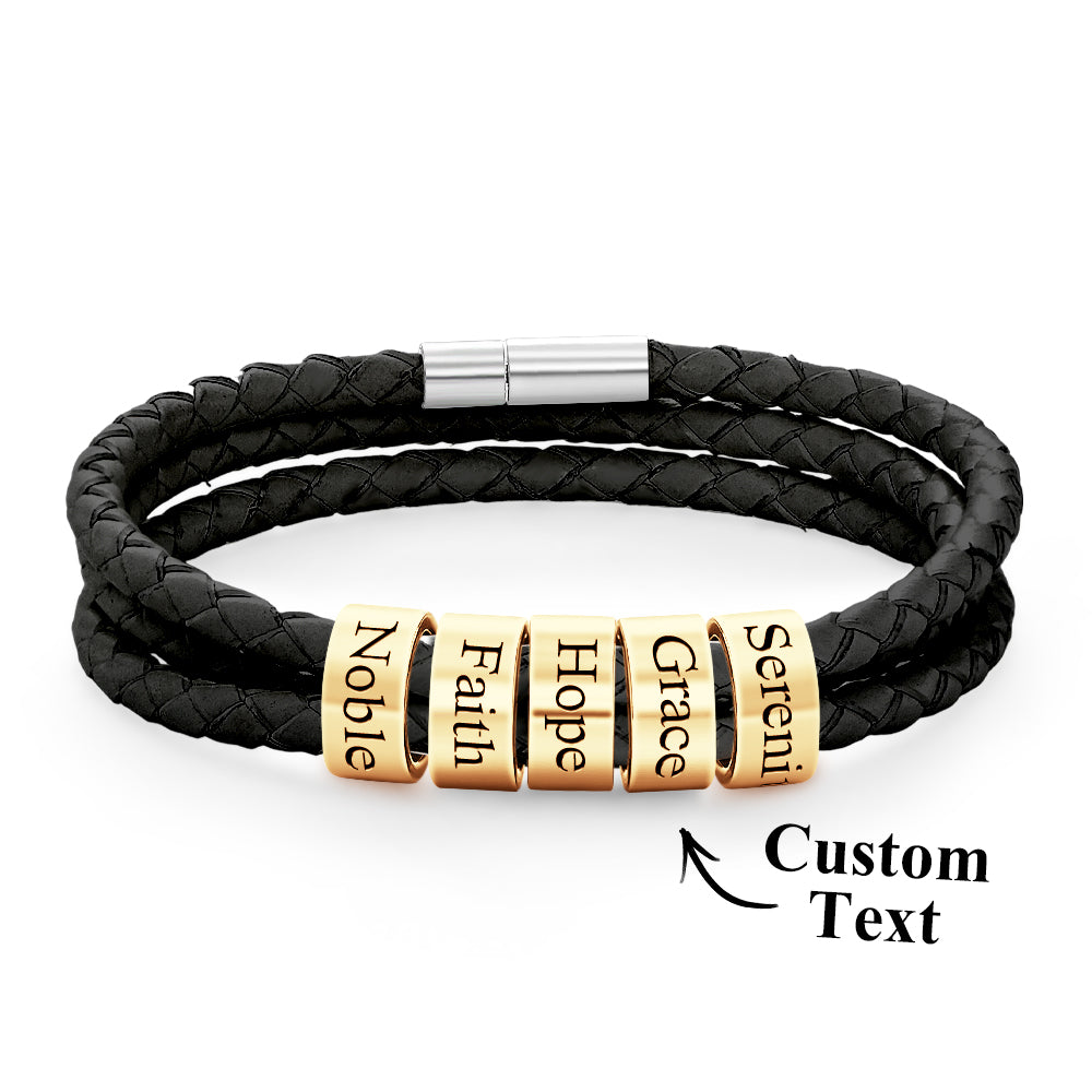 Men Braided Leather Bracelet with Small Custom Gold Beads