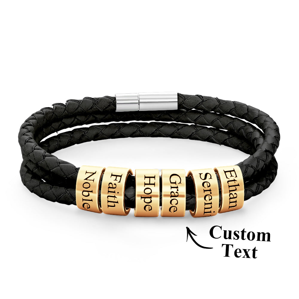 Men Braided Leather Bracelet with Small Custom Gold Beads