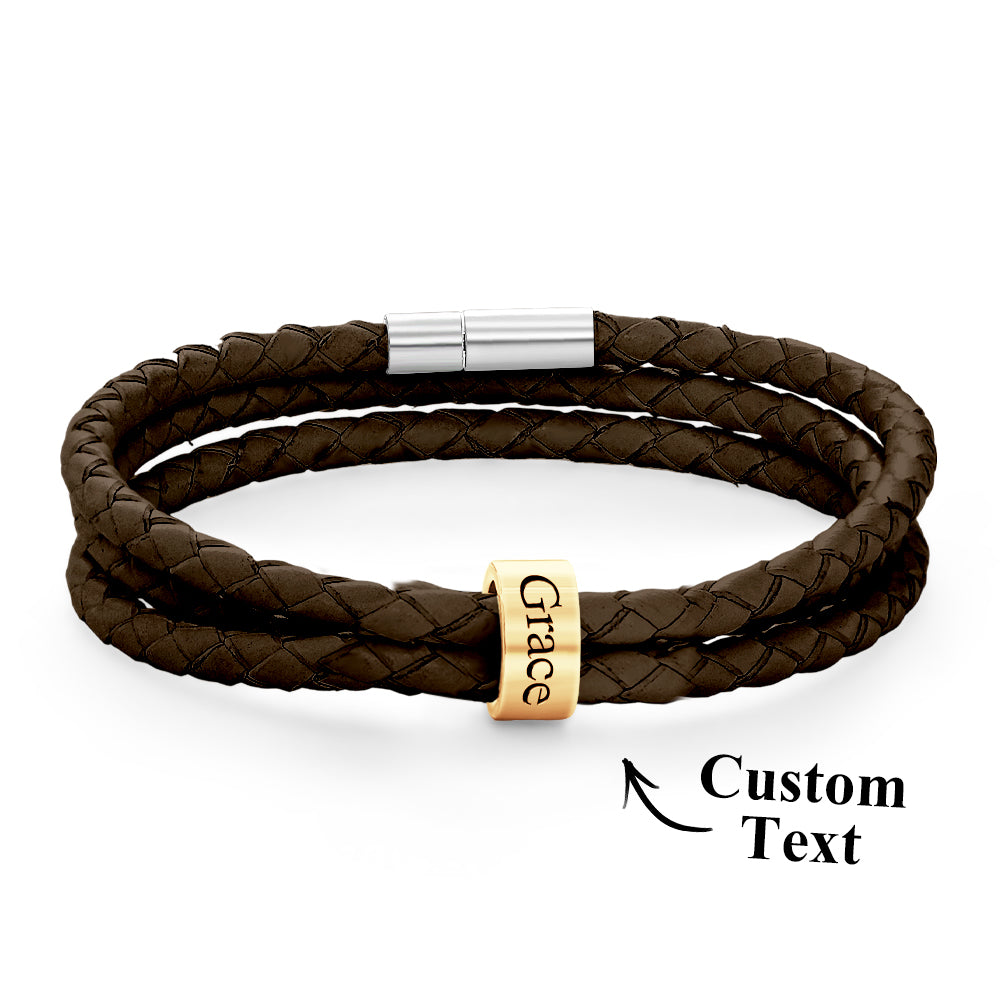 Men Braided Leather Bracelet with Small Custom Gold Beads