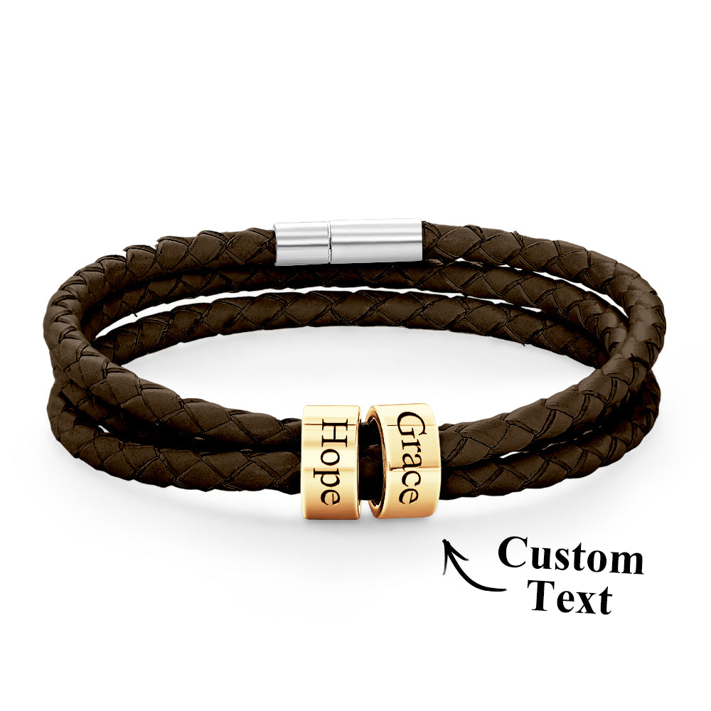 Men Braided Leather Bracelet with Small Custom Gold Beads
