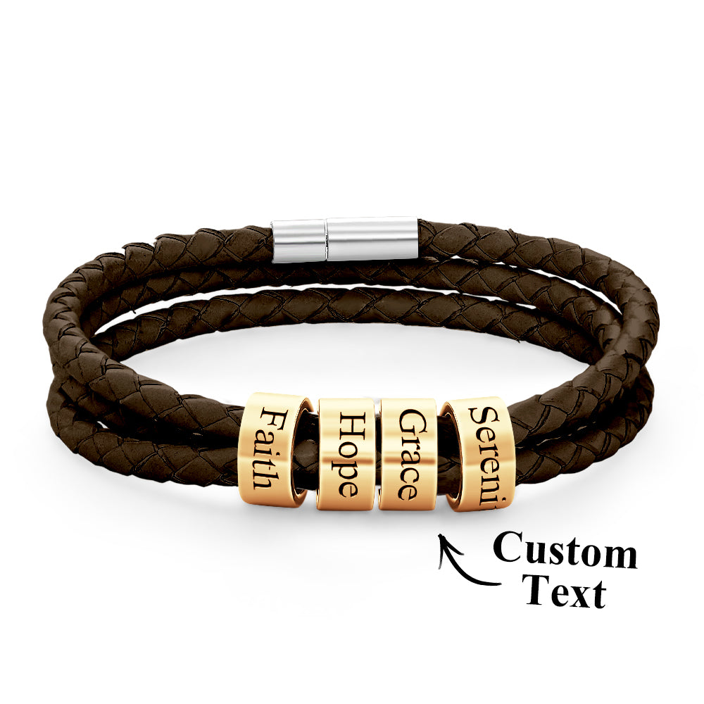 Men Braided Leather Bracelet with Small Custom Gold Beads