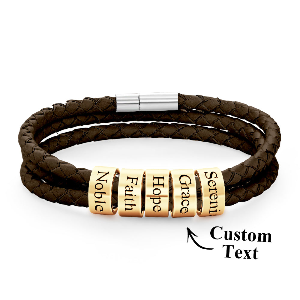 Men Braided Leather Bracelet with Small Custom Gold Beads
