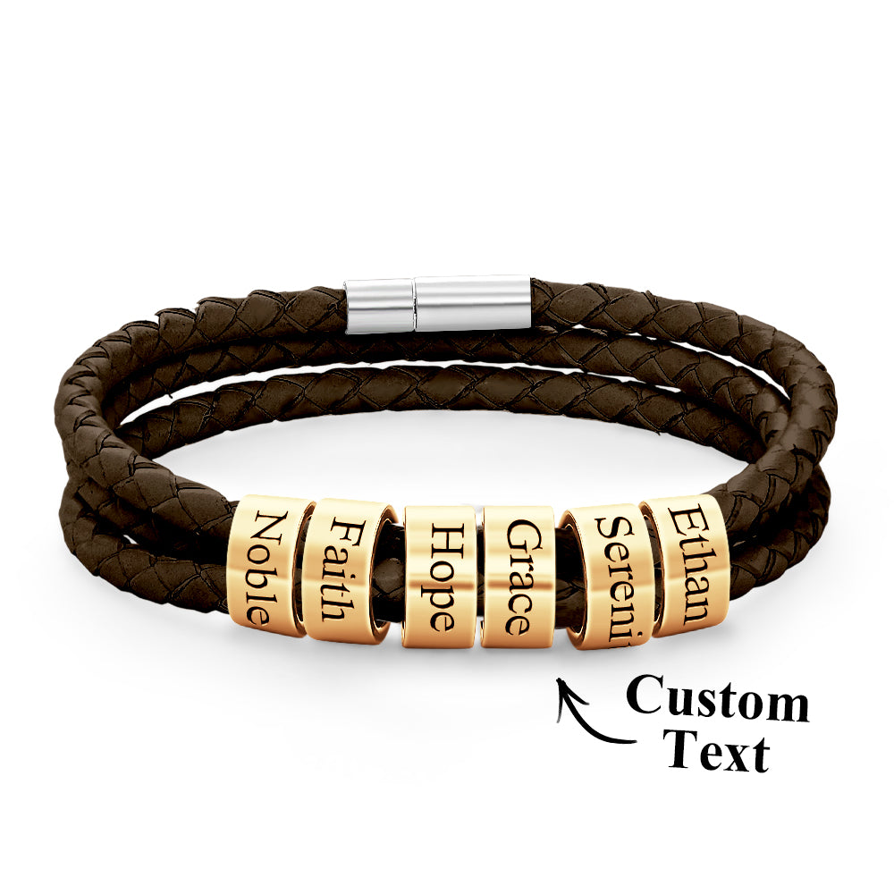Men Braided Leather Bracelet with Small Custom Gold Beads