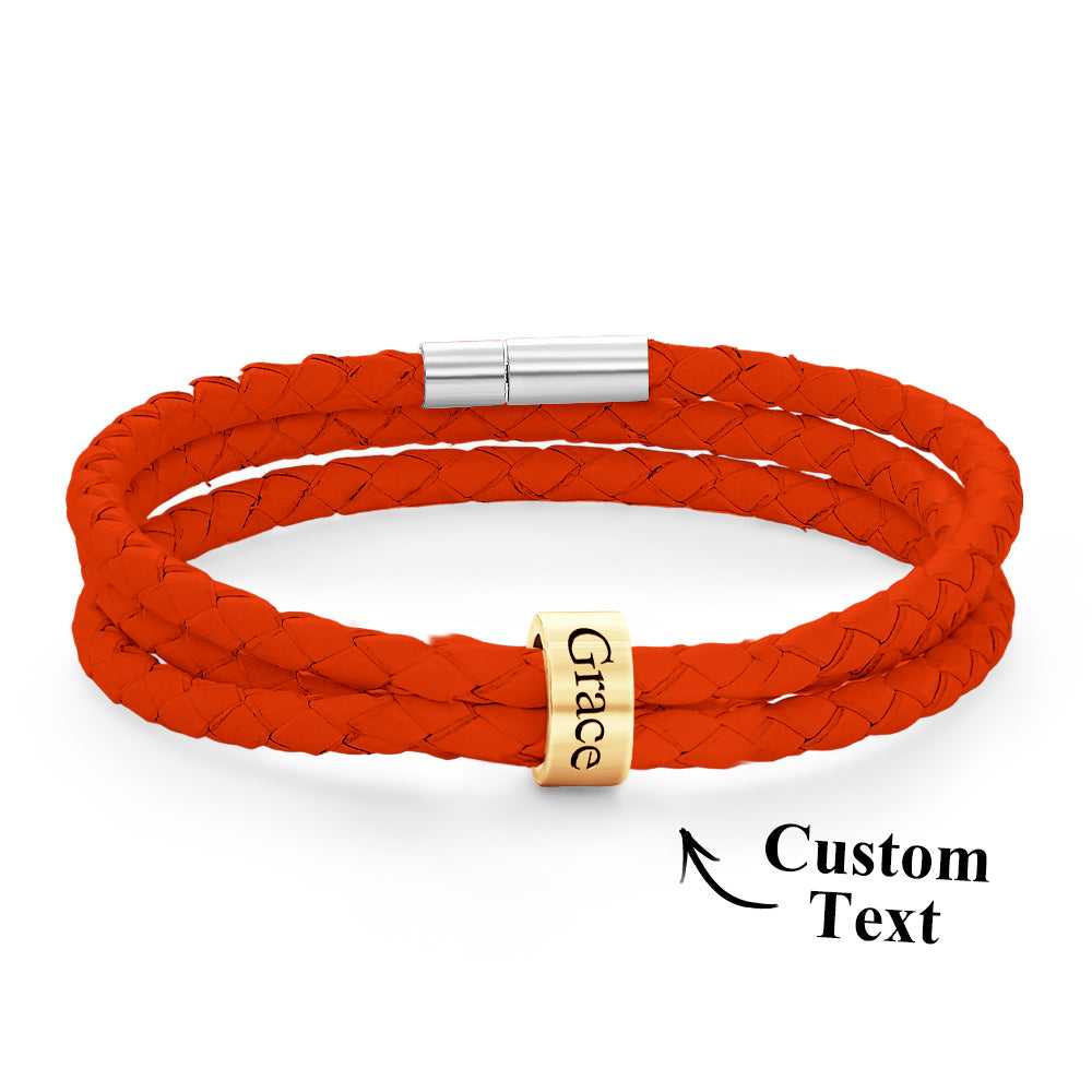 Men Braided Leather Bracelet with Small Custom Gold Beads