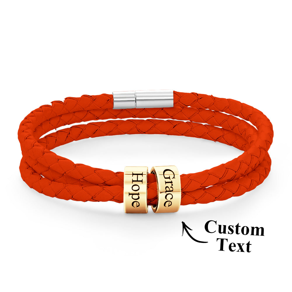 Men Braided Leather Bracelet with Small Custom Gold Beads