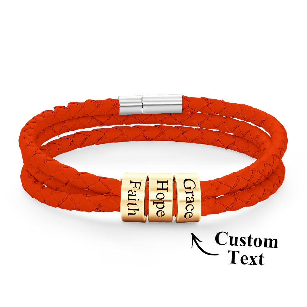 Men Braided Leather Bracelet with Small Custom Gold Beads
