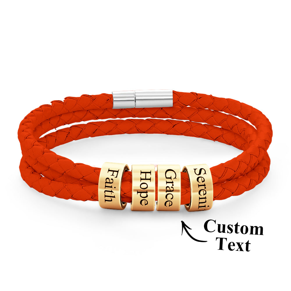 Men Braided Leather Bracelet with Small Custom Gold Beads